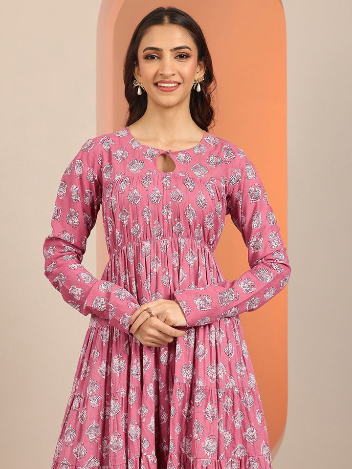 Libas Womens Mauve Printed Cotton Anarkali Kurta With Churidar & Dupatta