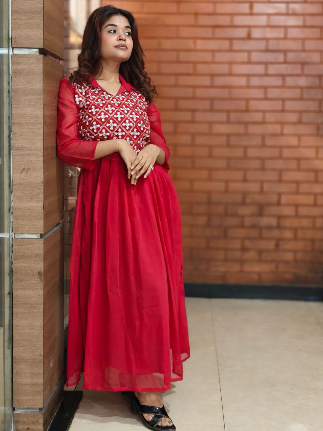 KALINI Woven Designed Embroidered Three Fourth Ethnic Dresses