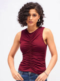 SASSAFRAS Maroon Sleeveless Ruched Fitted Top