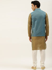 SOJANYA Men Olive Green & Blue Jacquard Ethnic Motifs Straight Kurta with Churidar