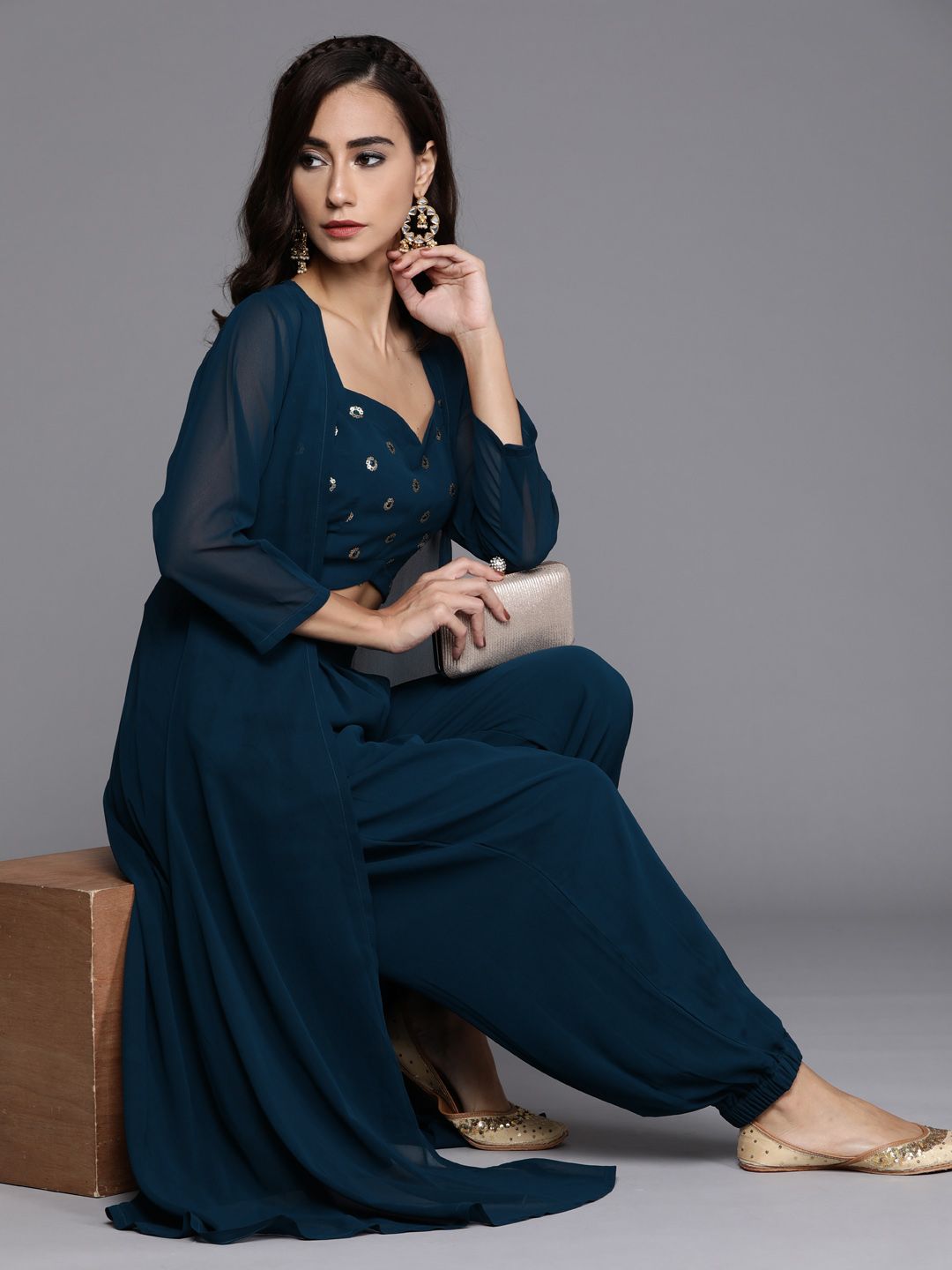 Libas Women Navy Blue Sequinned Top with Harem pants & shrug