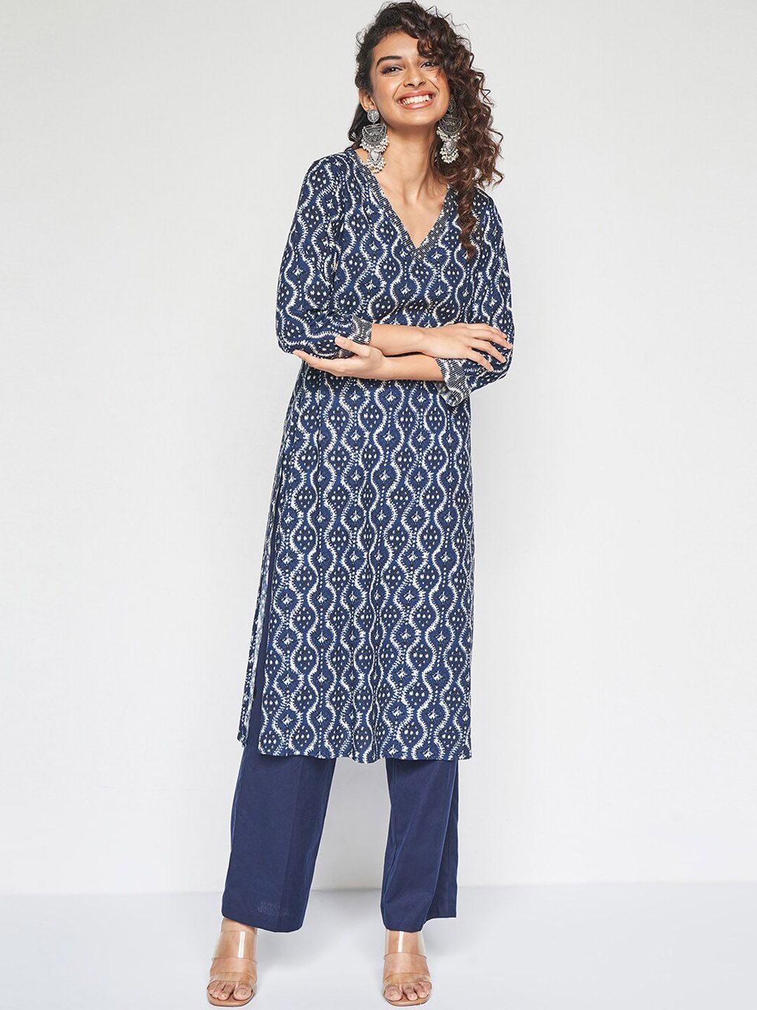 Global Desi Women Paisley Printed Flared Sleeves Chikankari Kurta
