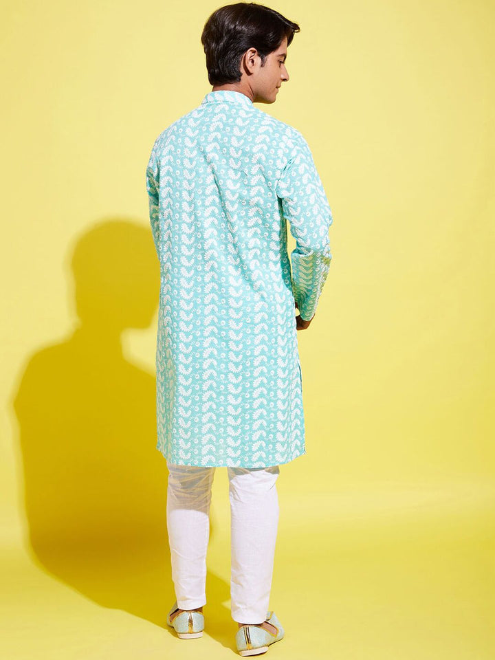 VASTRAMAY Teen Boys Green & White Paisley Chikankari Pure Cotton Kurta with Pyjama