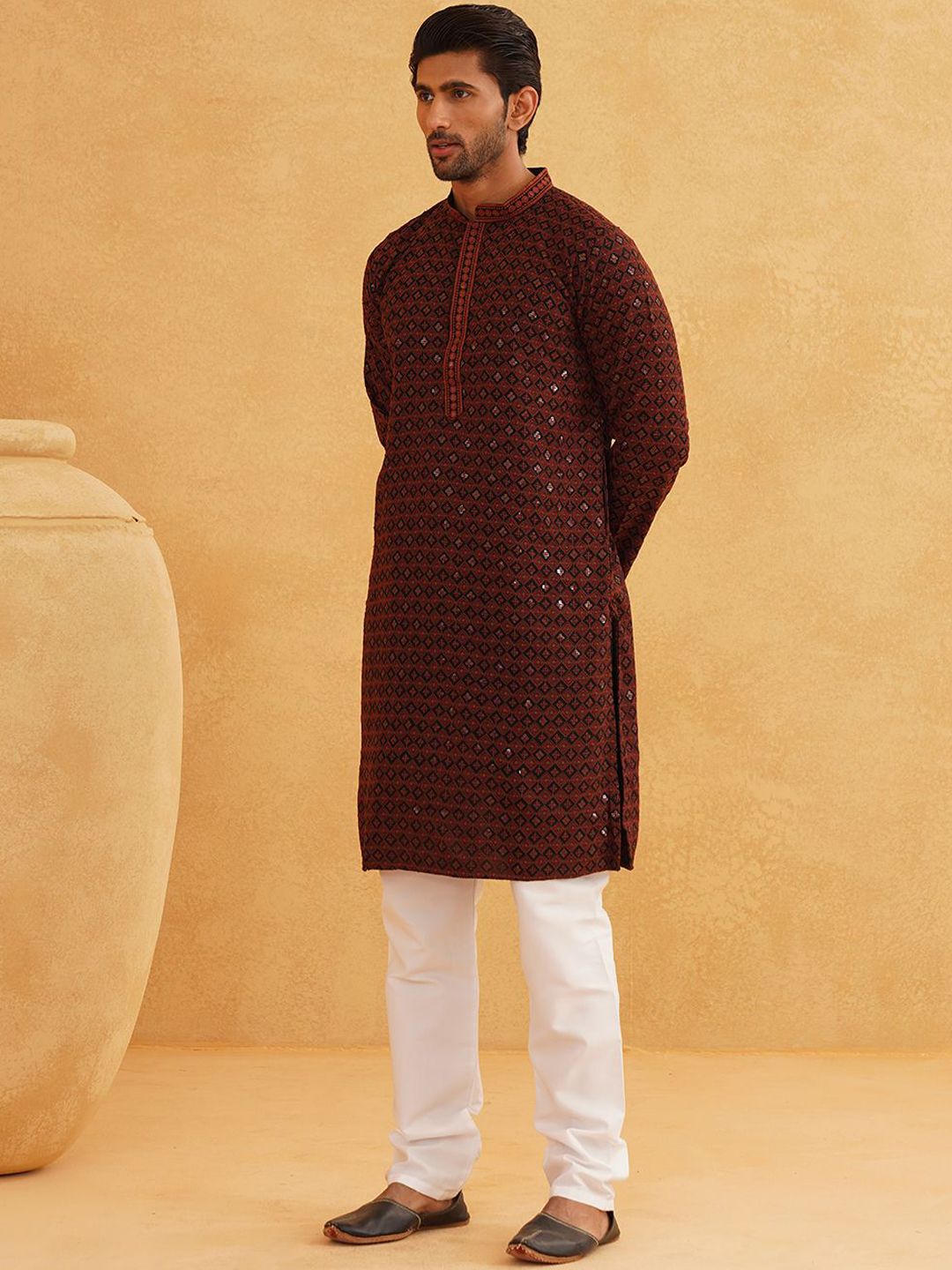SOJANYA Geometric Embroidered Mandarin Collar Thread Work Pure Cotton Kurta with Churidar