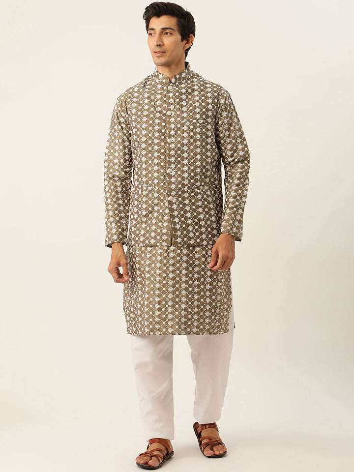 SOJANYA Men Olive Green & White Embroidered Kurta with Pyjamas & Nehru Jacket