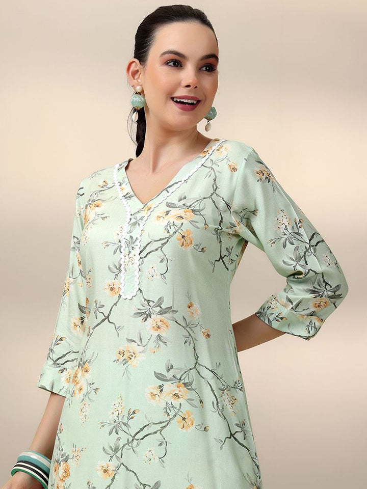 Libas Sea Green Floral Printed V-Neck Tunic With Palazzo