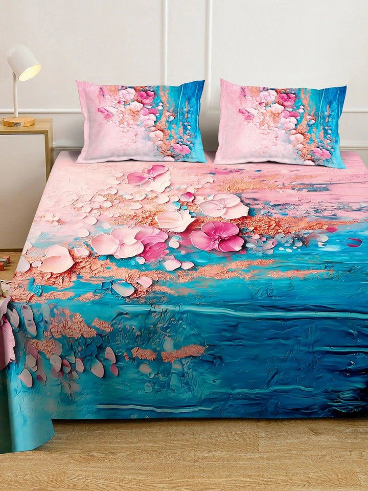 Moda Rapido X KLOTTHE Biru & Merah Jambu Bunga 400 TC Cadar King dengan 2 Sarung Bantal