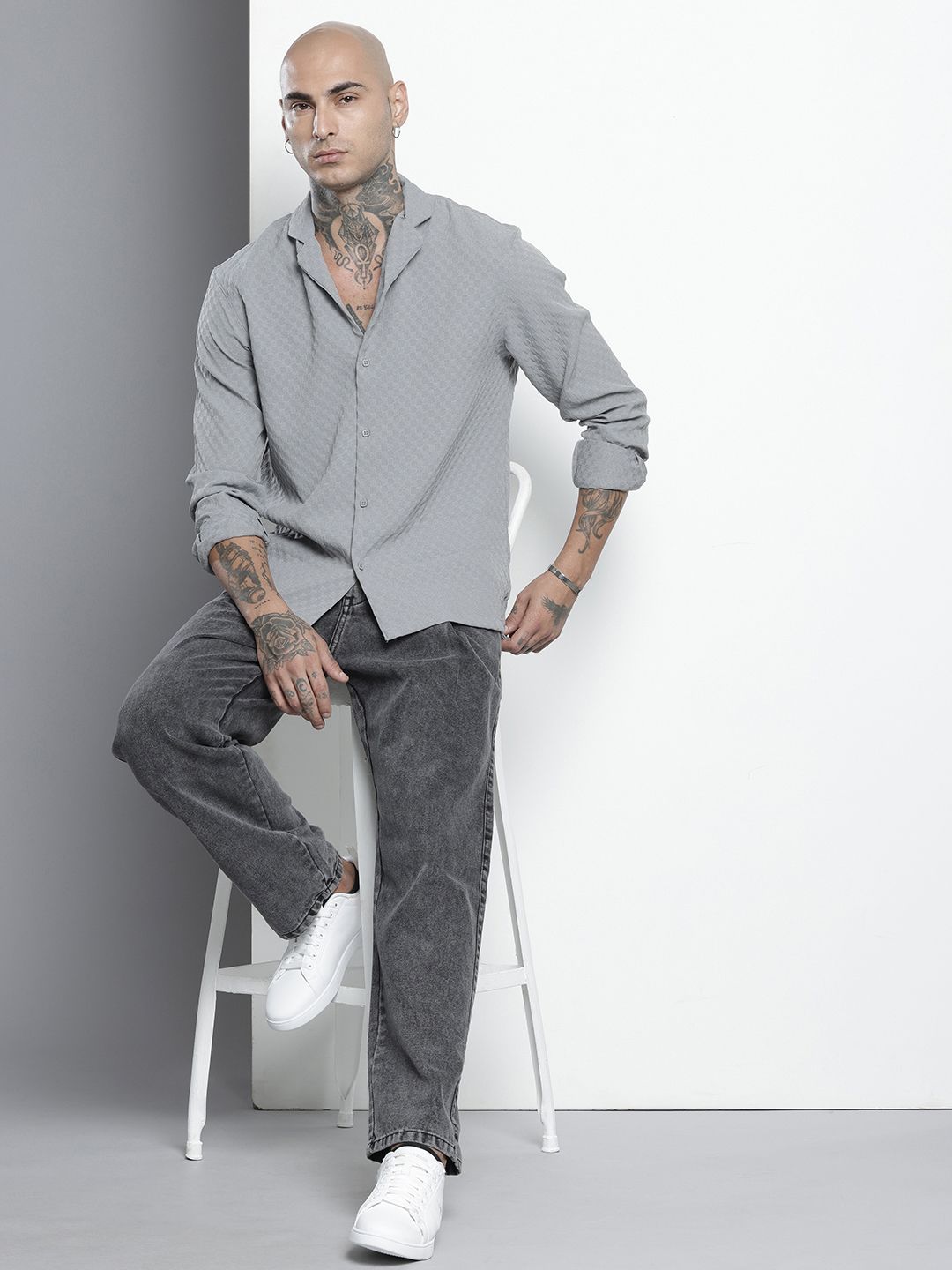 The Indian Garage Co Self Checked Cuban Collar Casual Shirt