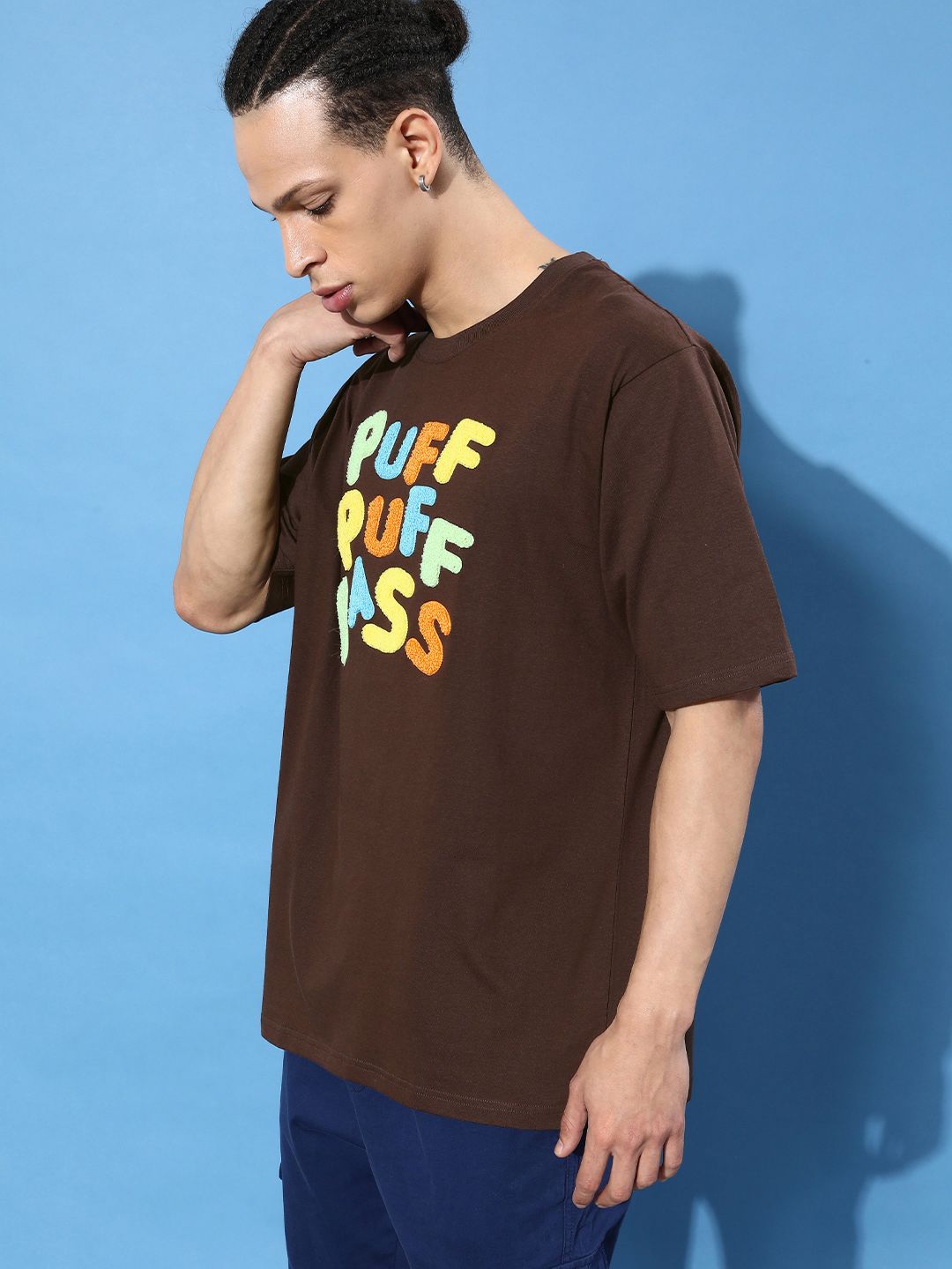 Difference of Opinion Men Brown Typography Embroidered Oversize Pure Cotton Longline T-shirt