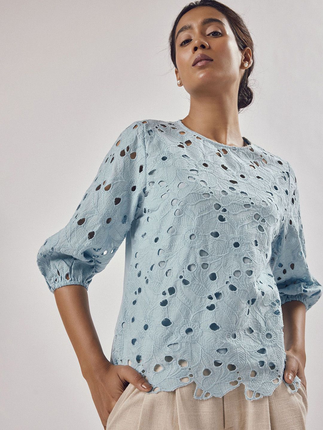 The Label Life Floral Print Puff Sleeve Pure Cotton Top