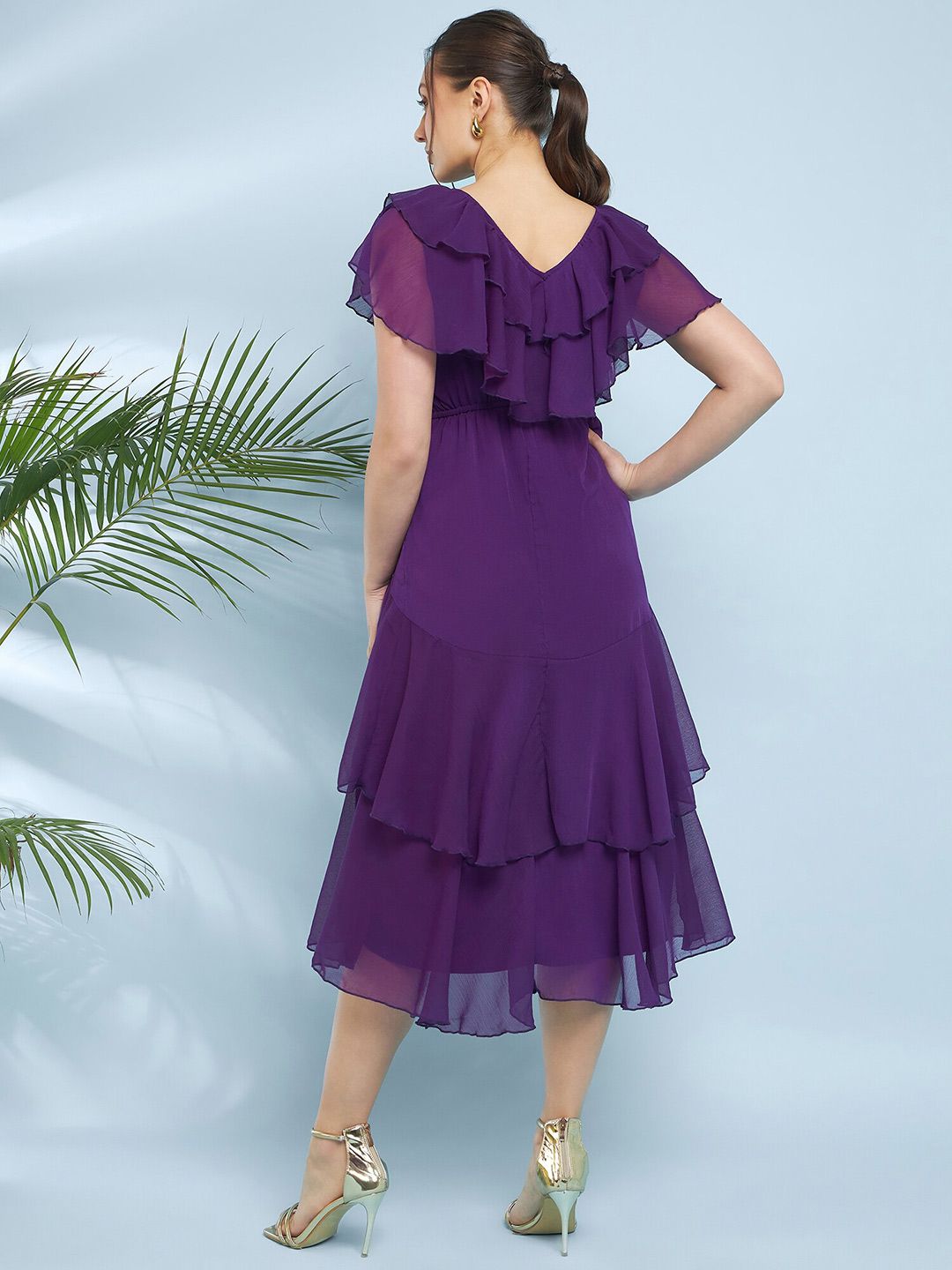 Antheaa V-Neck Flutter Sleeve Fit & Flare Midi Dress