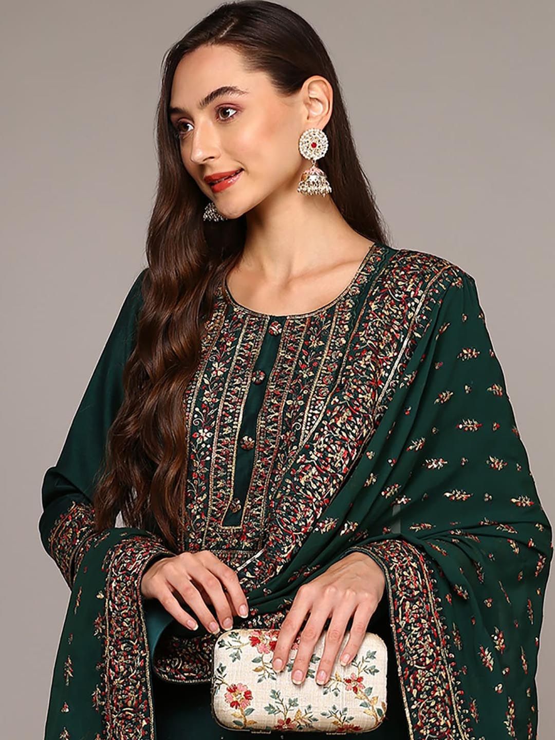 KALINI Floral Embroidered Regular Thread Work Kurta with Trousers & With Dupatta