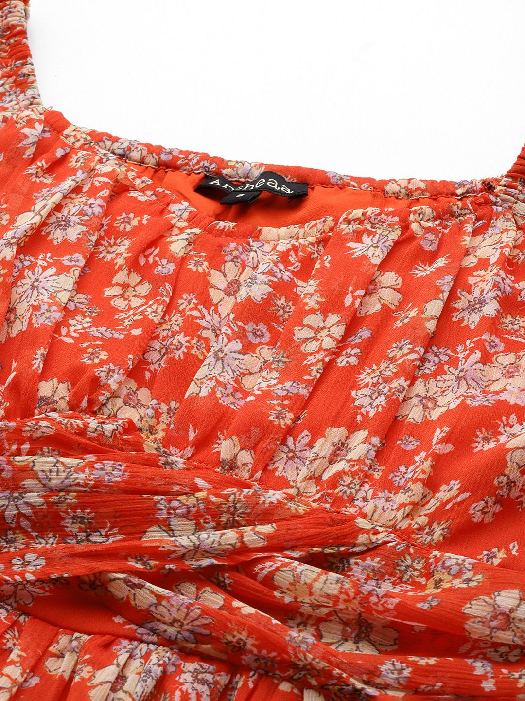 Antheaa Floral Print Puff Sleeve Chiffon A-Line Dress