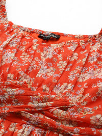 Antheaa Floral Print Puff Sleeve Chiffon A-Line Dress