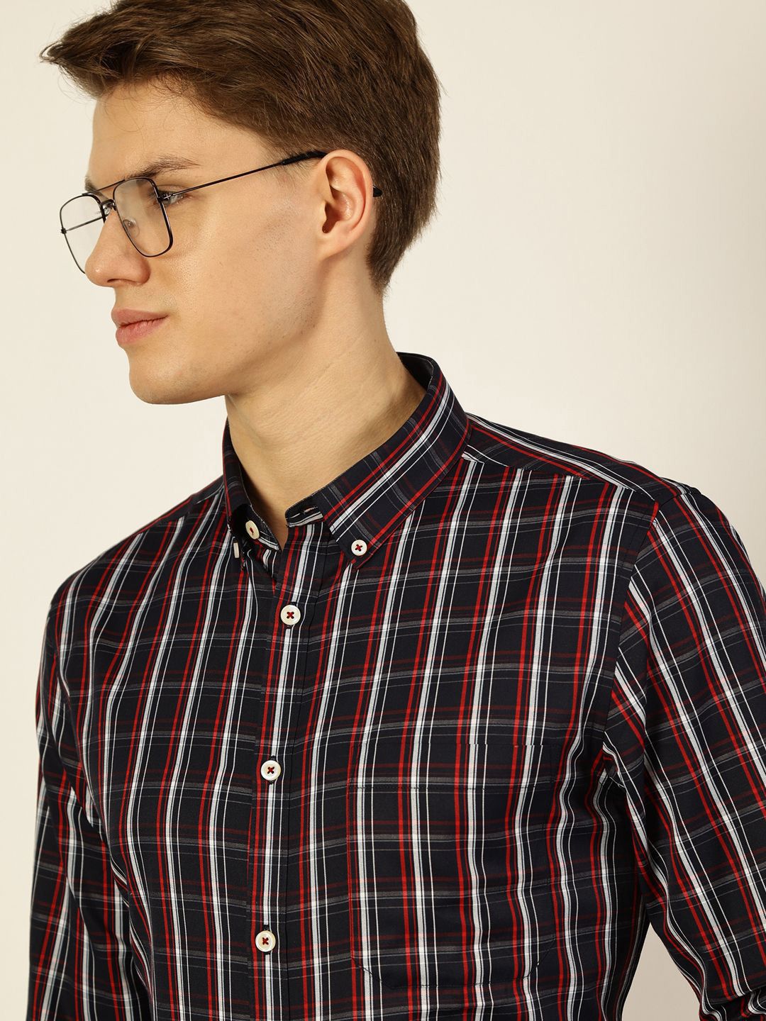 Thomas Scott Men Smart Button-Down Collar Tartan Checked Cotton Formal Shirt