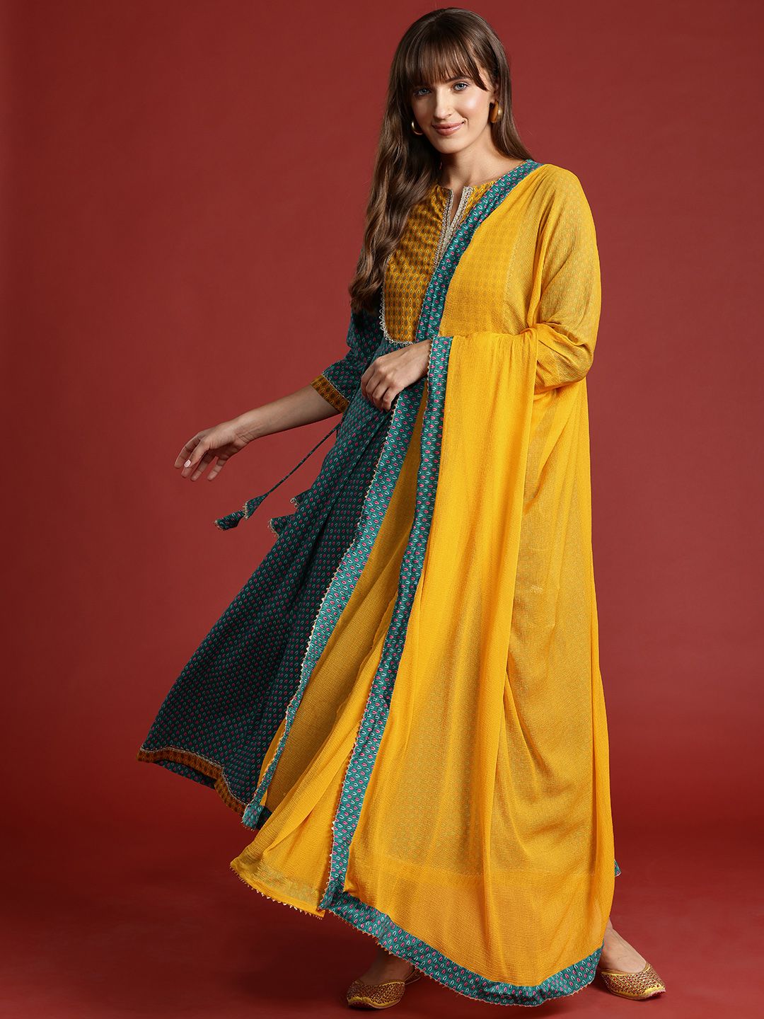 Anouk Ethnic Motifs Print Pure Cotton Kurta with Trousers & Dupatta