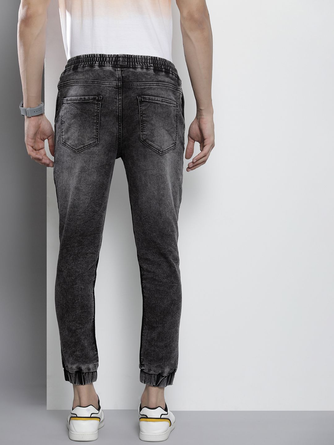 The Indian Garage Co Men Black Jean Slim Fit Heavy Fade Cuffed Hem Patch Work Jeans