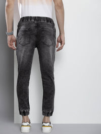 The Indian Garage Co Men Black Jean Slim Fit Heavy Fade Cuffed Hem Patch Work Jeans