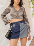 DressBerry Satin Dream Embroidered Trims Flared Sleeve Crop Top