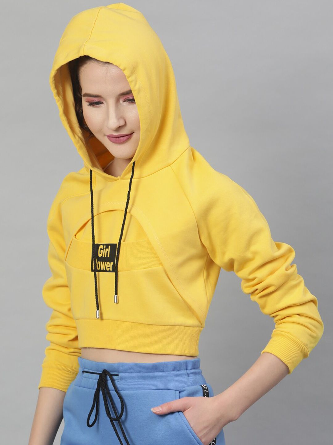 STREET 9 Women Yellow Printed Crop Hooded Sweatshirt