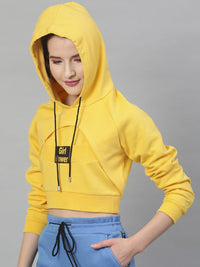STREET 9 Women Yellow Printed Crop Hooded Sweatshirt