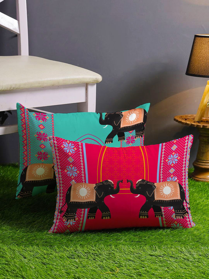 STITCHNEST Pink & Blue Set of 2 Ethnic Motifs Rectangle Cushion Covers