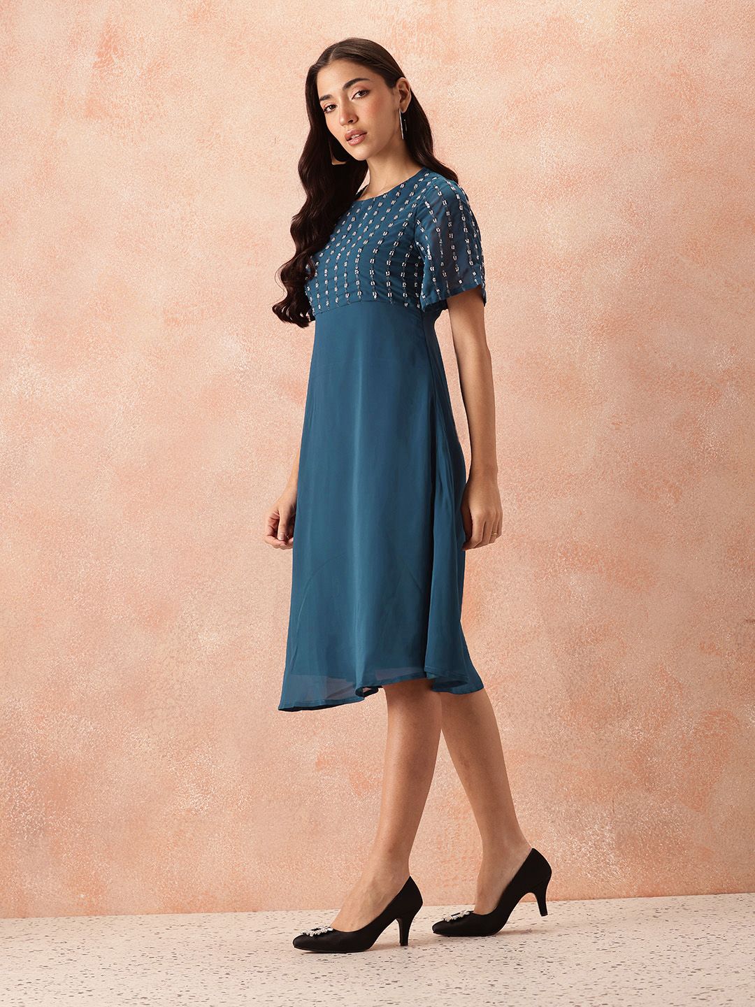 all about you Sequined Flared Sleeves Fit & Flare Dress