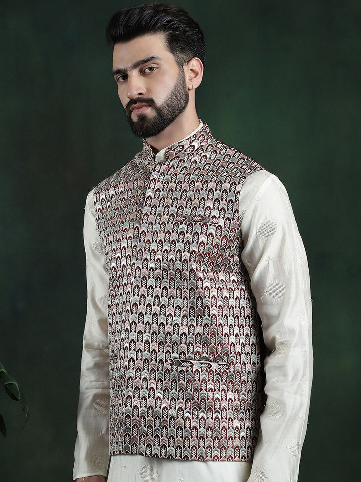 SOJANYA Jaket Nehru Tenunan Geometri Lelaki