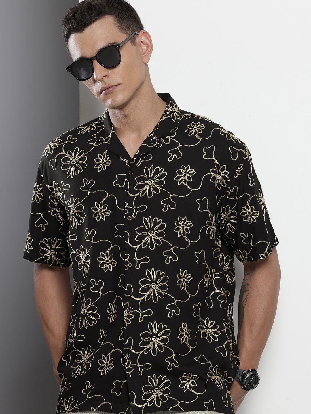 The Indian Garage Co Floral Embroidered Drop-Shoulder Sleeves Relaxed Fit Casual Shirt