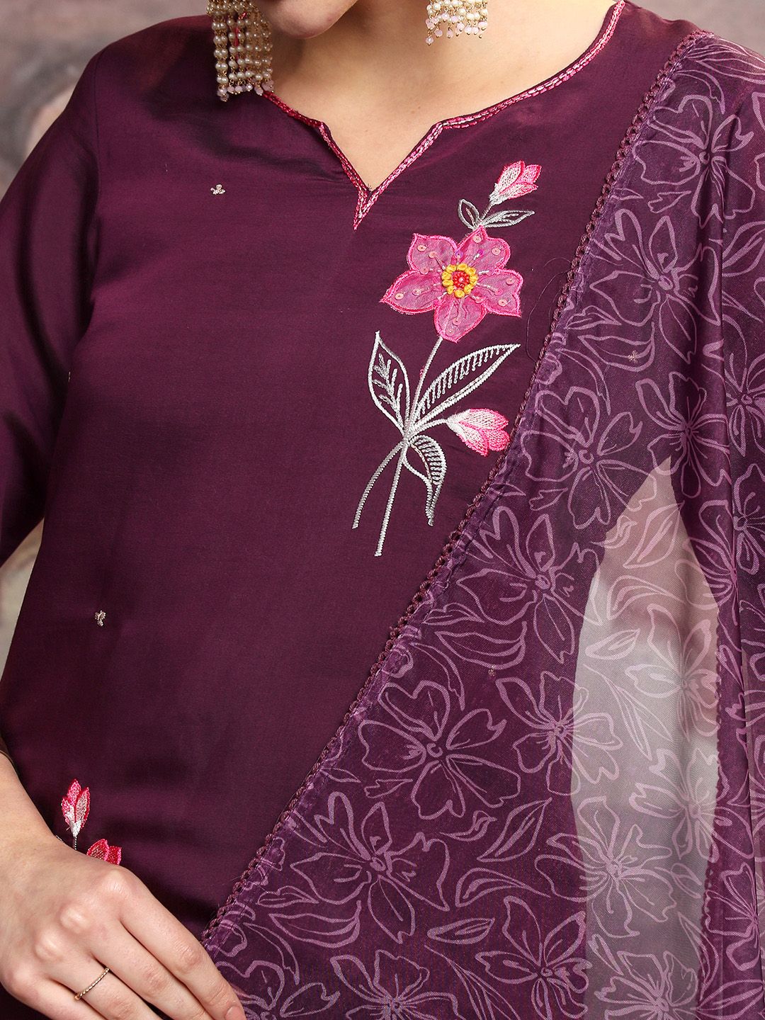 Vishudh Floral Embroidered Regular Kurta with Trouser & Dupatta