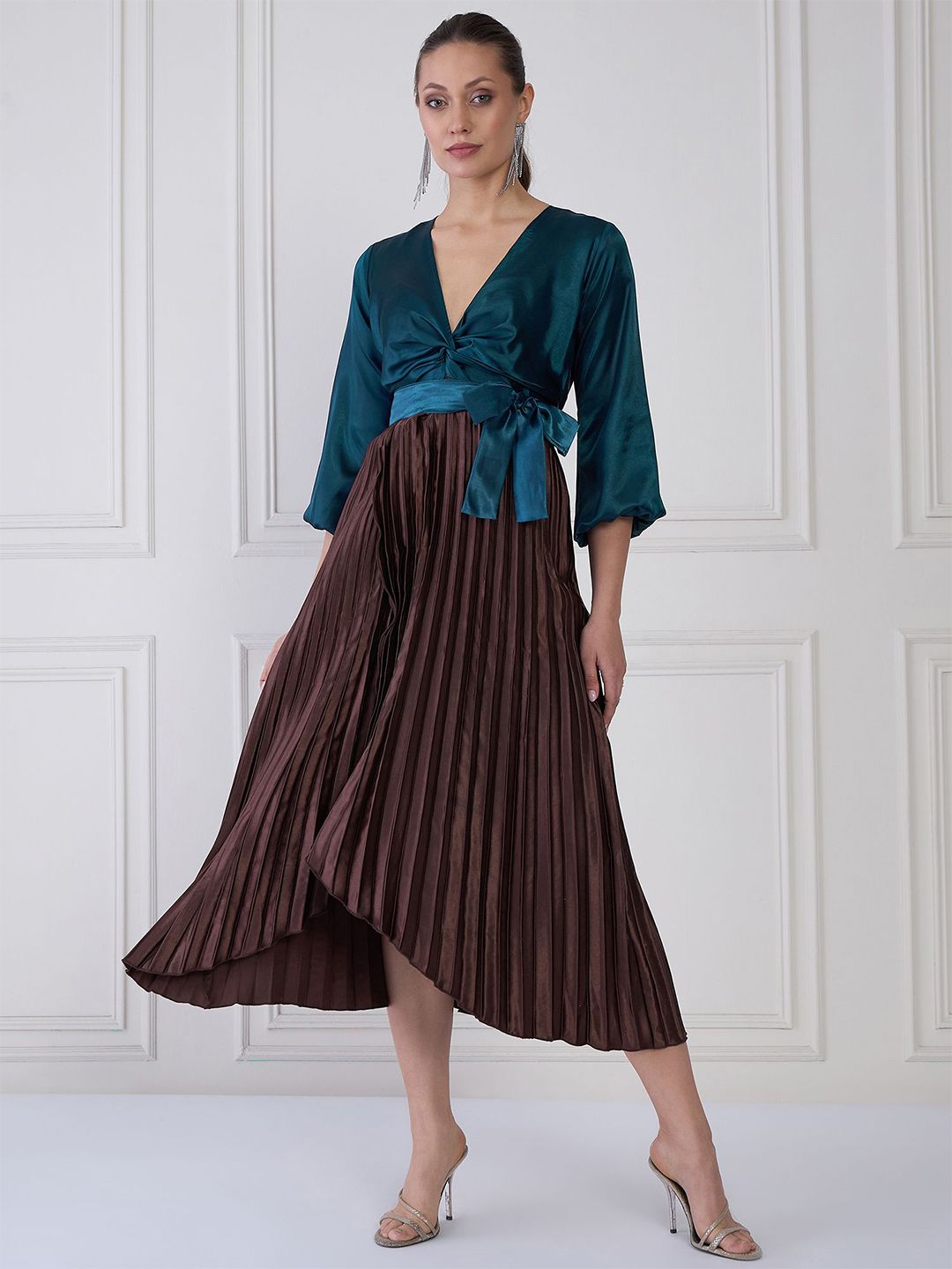 Antheaa Women Striped Satin Midi Dress