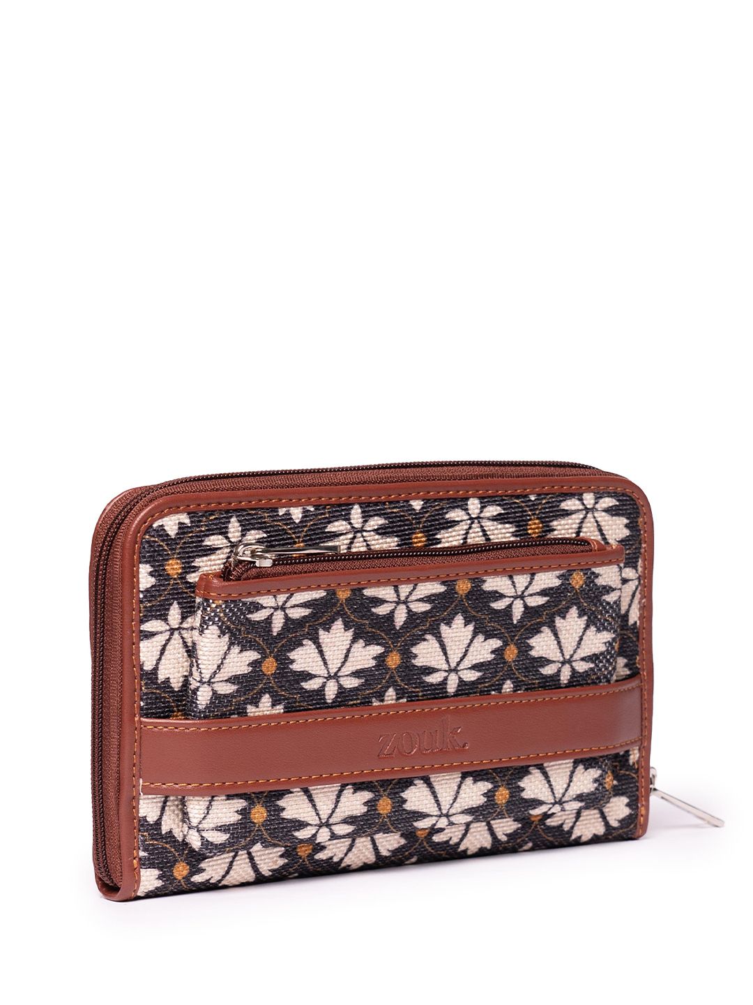 ZOUK Women White & Black Floral Printed Zip Around Wallet