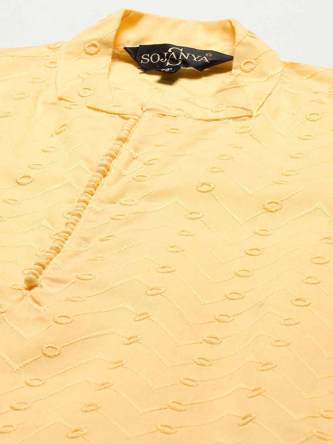 SOJANYA Kurta Kapas Tulen Chikankari Kuning Lelaki dengan Jaket Churidar & Nehru