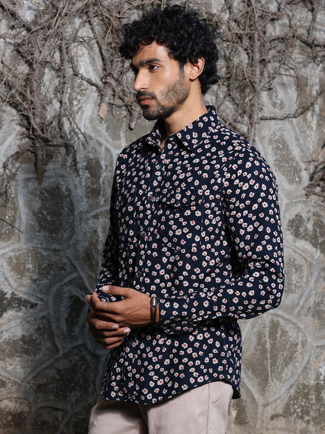 Thomas Scott Premium Slim Fit Floral Printed Spread Collar Cotton Corduroy Casual Shirt