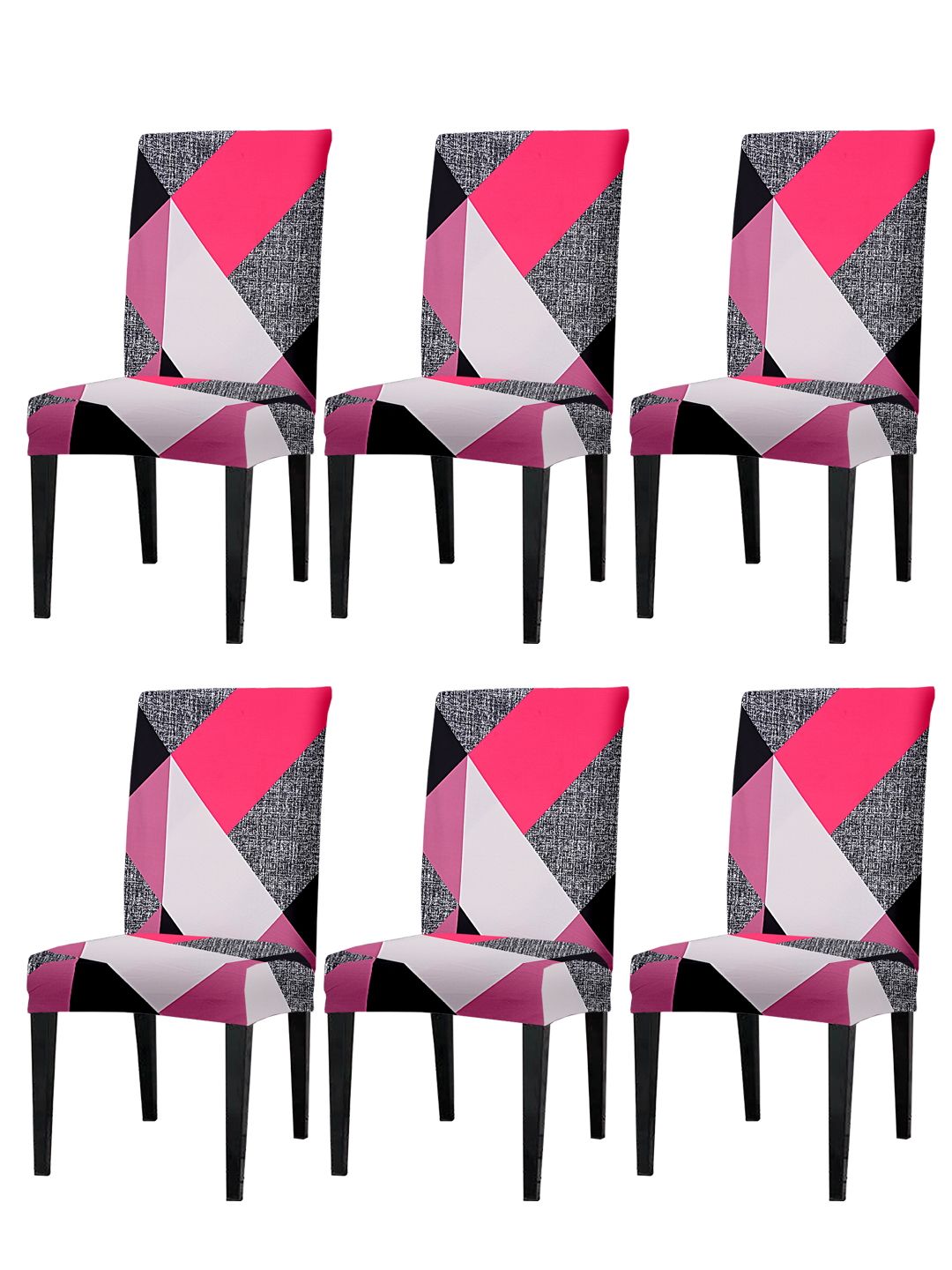 Cortina Pink & White 6 Pieces Geometric Printed Super Stretchable Dining Chair Covers
