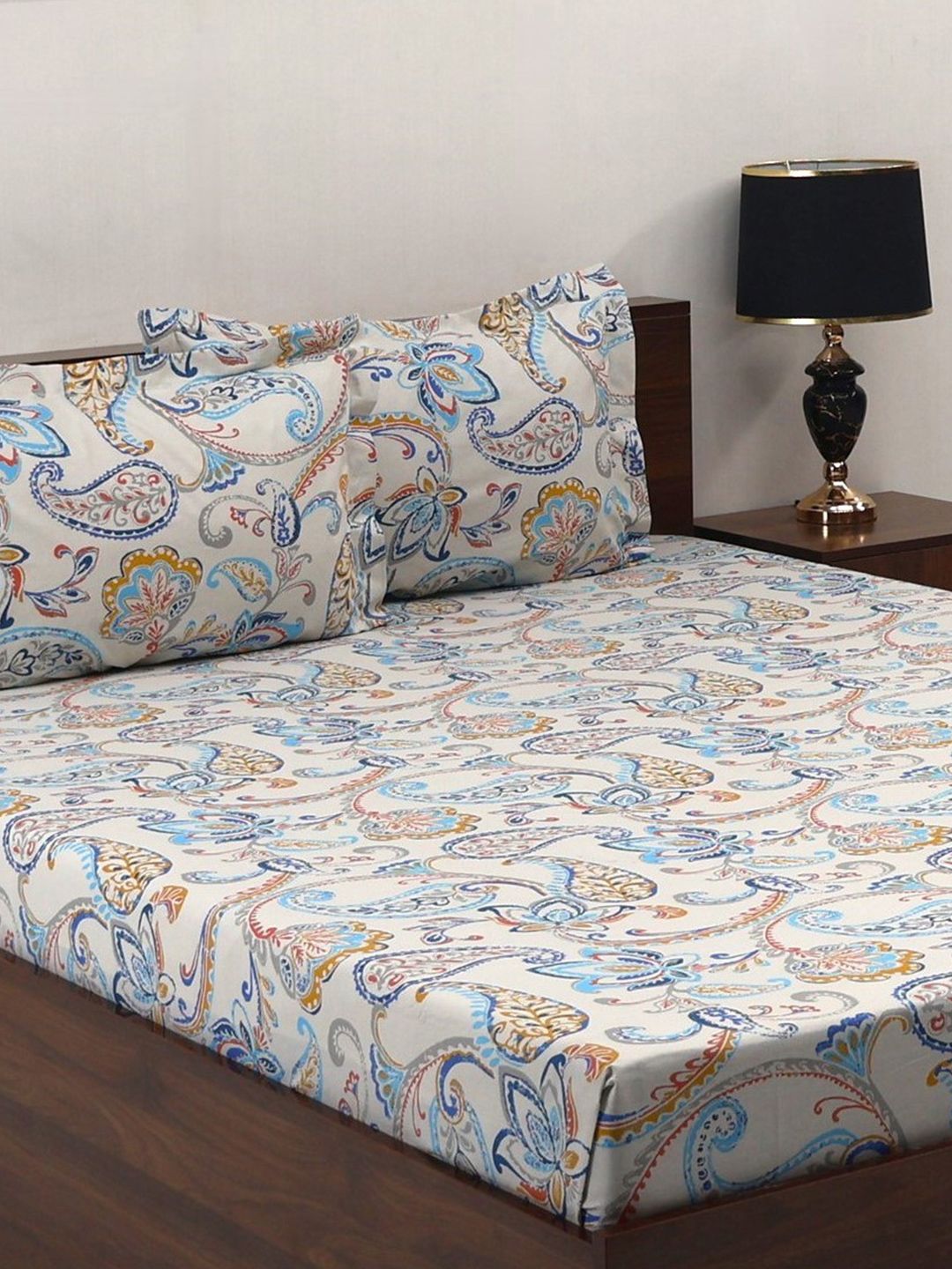 BOMBAY DYEING Turquoise Blue Floral Cotton 140 TC Queen Bedsheet Set-2.28 m X 2.54 m