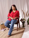 CURVY STREET Plus Size V-Neck Cuffed Sleeves Shirt Style Top