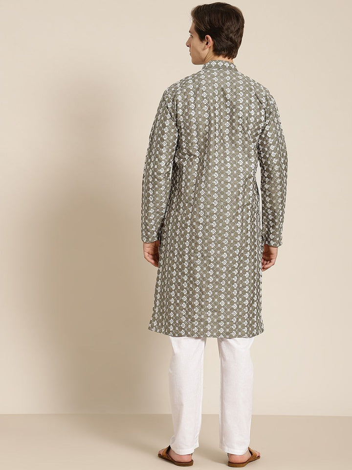 SOJANYA Men Olive Green & White Ethnic Motifs Embroidered Kurta