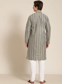 SOJANYA Men Olive Green & White Ethnic Motifs Embroidered Kurta