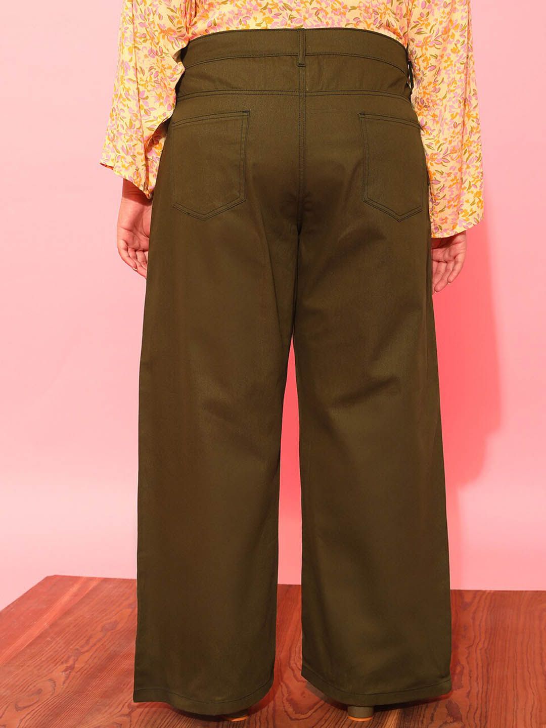 CURVY STREET Women Plus Size Olive Green Relaxed Straight Leg Pure Cotton Trousers