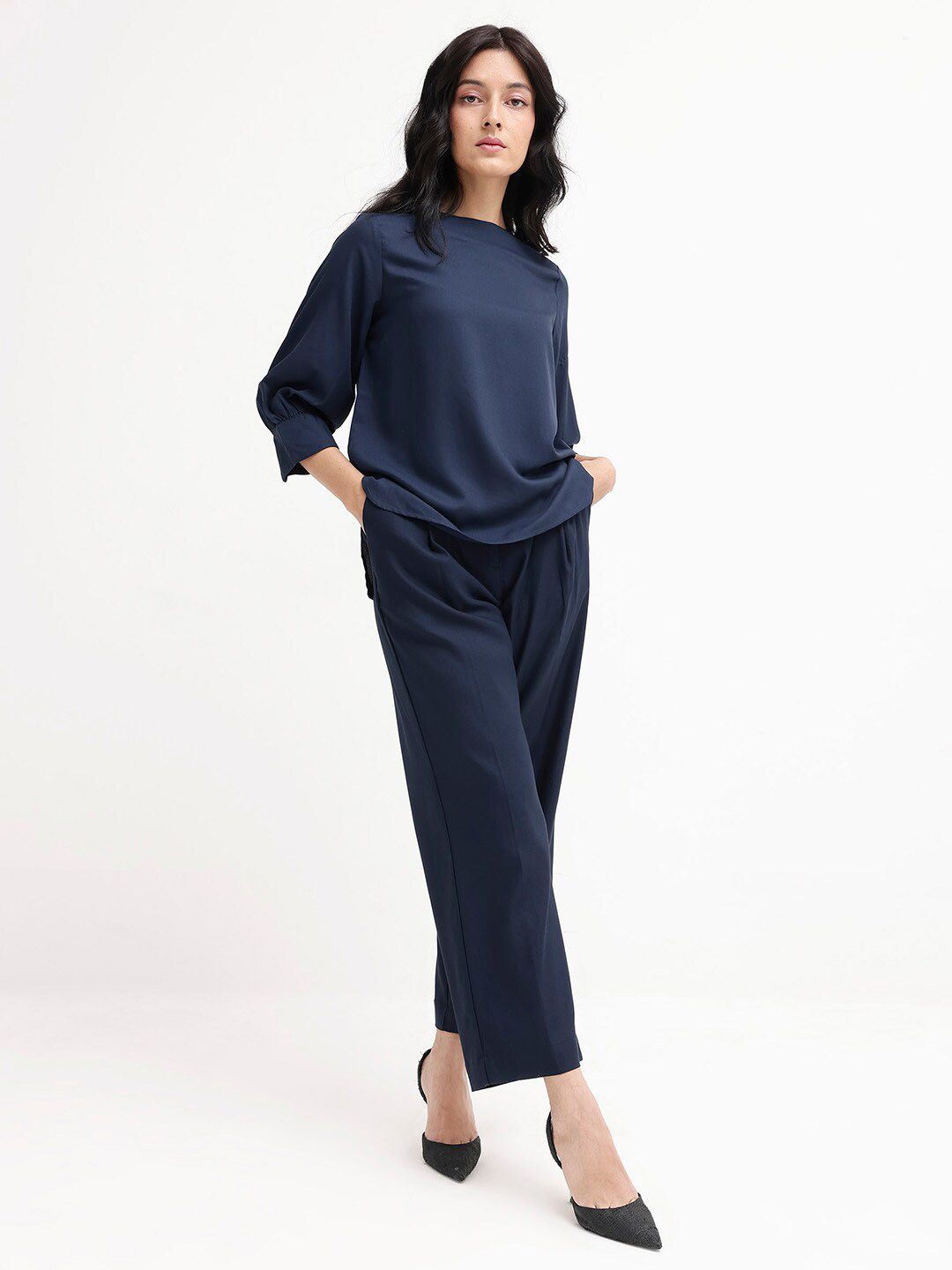 RAREISM Round Neck Cuffed Sleeves Styled Back Top