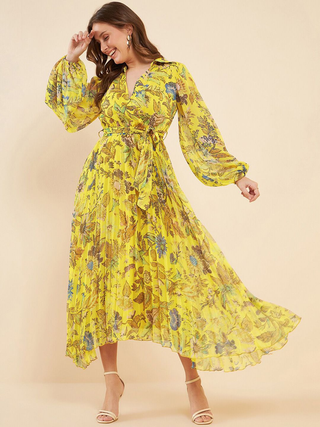Antheaa Yellow Printed Pleated Puff Sleeves Belted Chiffon Fit & Flare Midi Dress