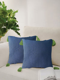 URBAN SPACE Navy Blue & Green 2 Pieces Checked Pure Cotton Square Cushion Covers
