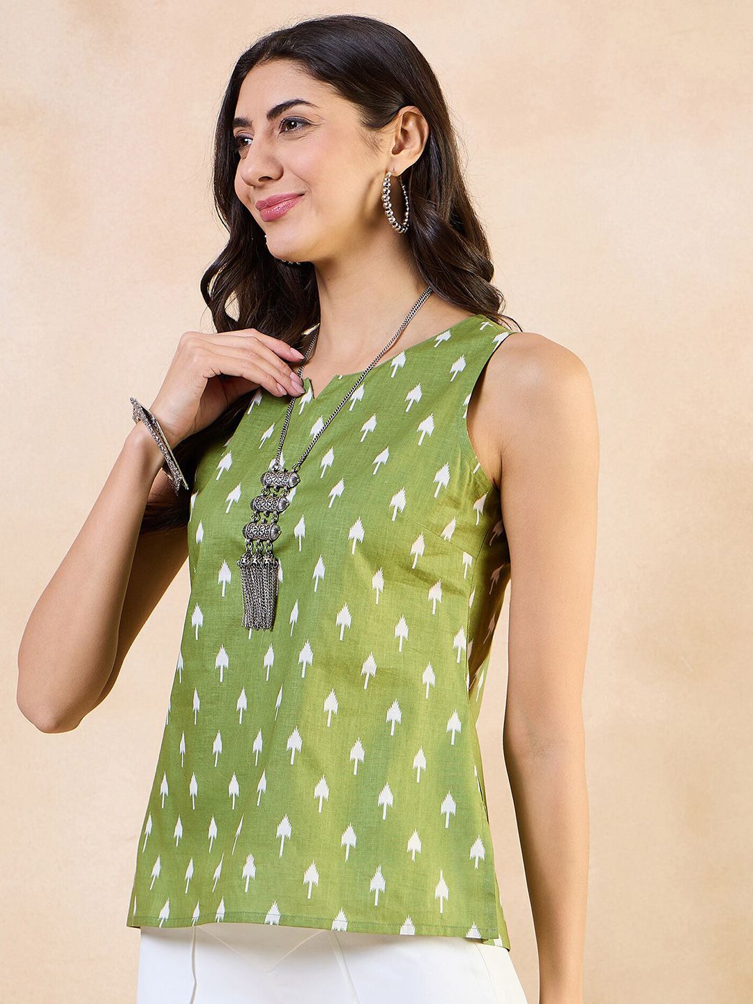 Anouk  Print Cotton Green Geometric Printed Sleeveless Top