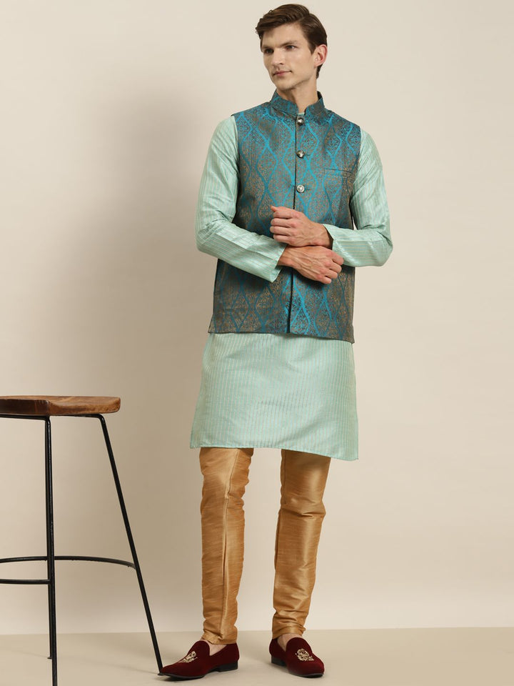 SOJANYA Kurta Belang Hijau Laut Lelaki dengan Jaket Churidar & Nehru