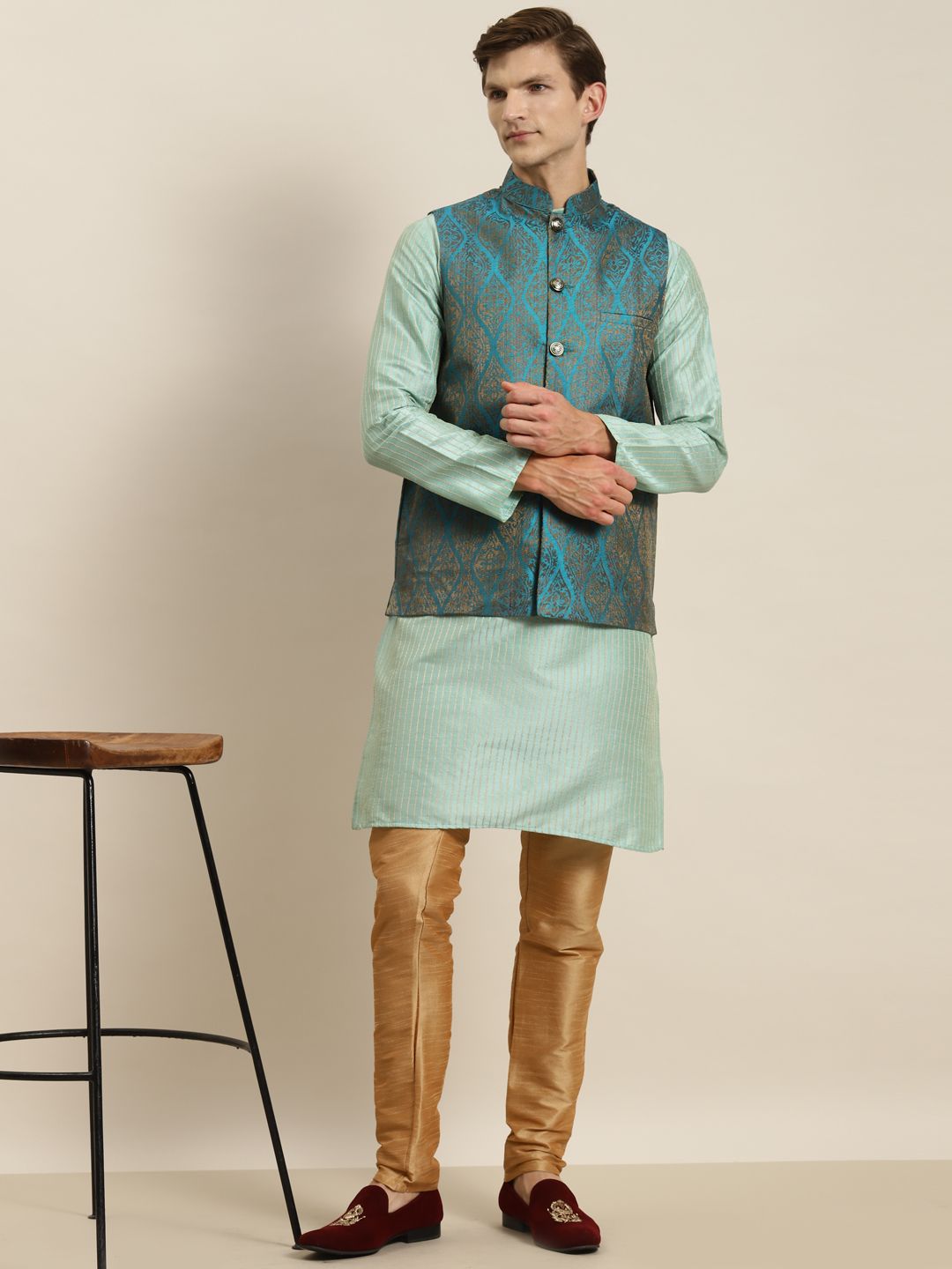 SOJANYA Kurta Belang Hijau Laut Lelaki dengan Jaket Churidar & Nehru