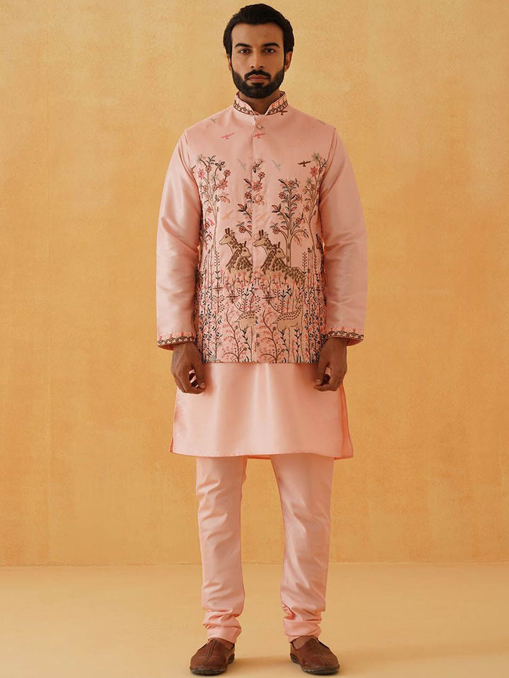 SOJANYA LUXE Thread Work Silk Cotton Straight Kurta dengan Jaket Churidar & Nehru
