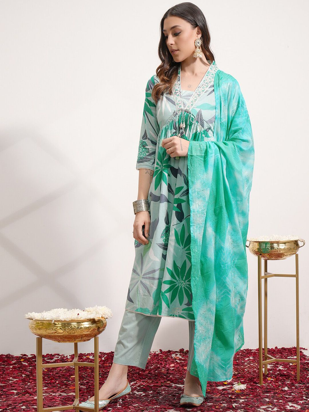 Vishudh Green & Grey Floral Printed Thread Work Pure Cotton Kurta with Trousers & Dupatta