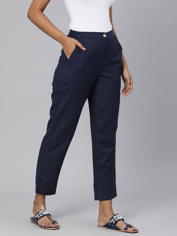 Global Desi Women Navy Blue Solid Straight Fit Trousers