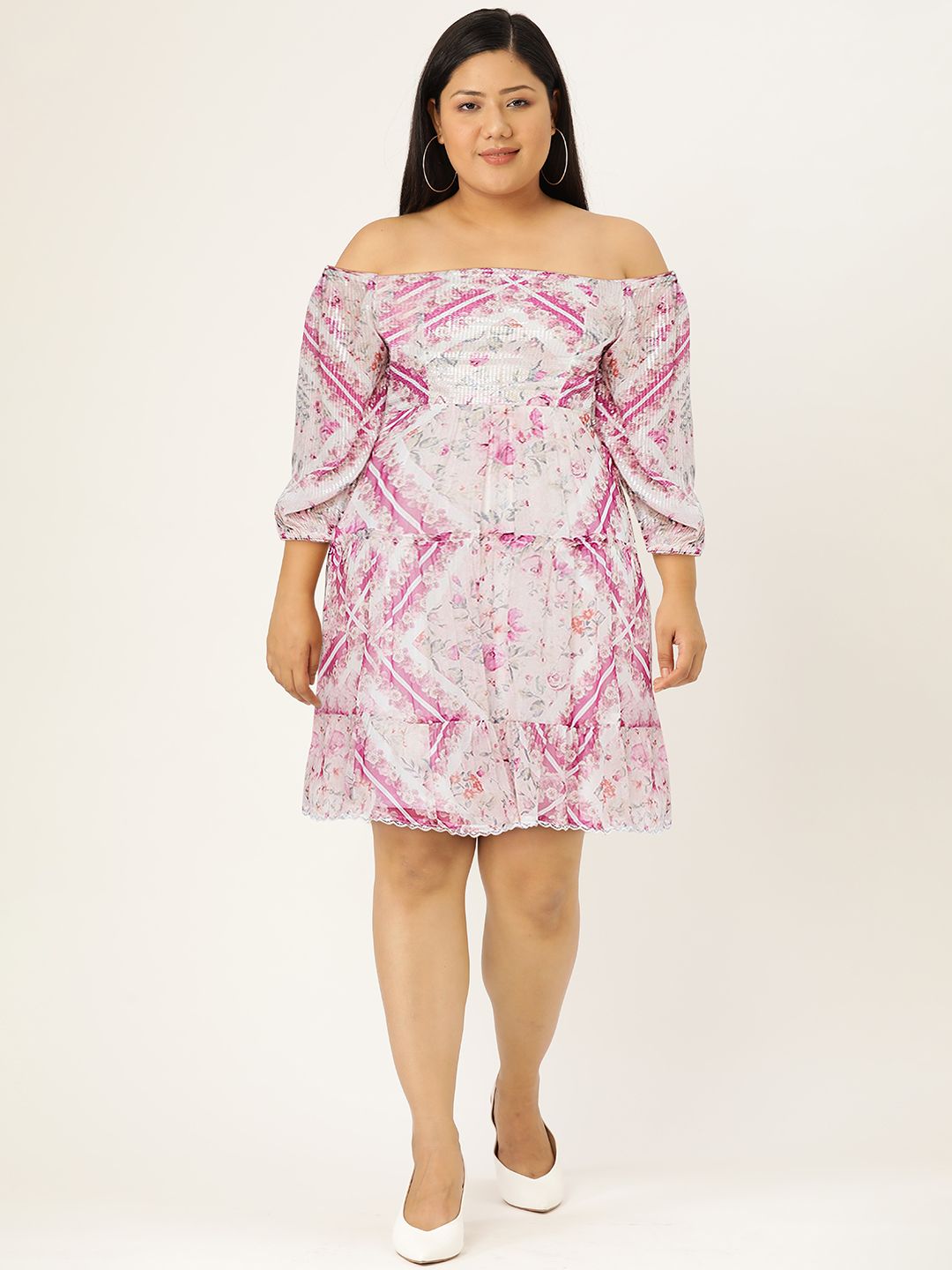AND Women Cream-Coloured Floral Off-Shoulder Dress